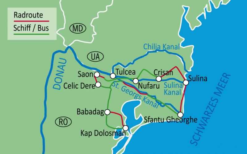 Karte Donaudelta mit Rad + Schiff