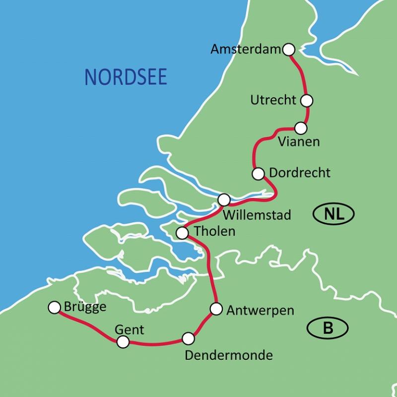 Karte der Route Amsterdam-Brgge