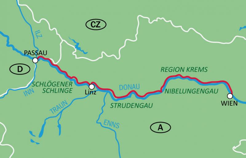 Karte Donauradweg Passau - Wien / Deluxe 8 - 9 Tage