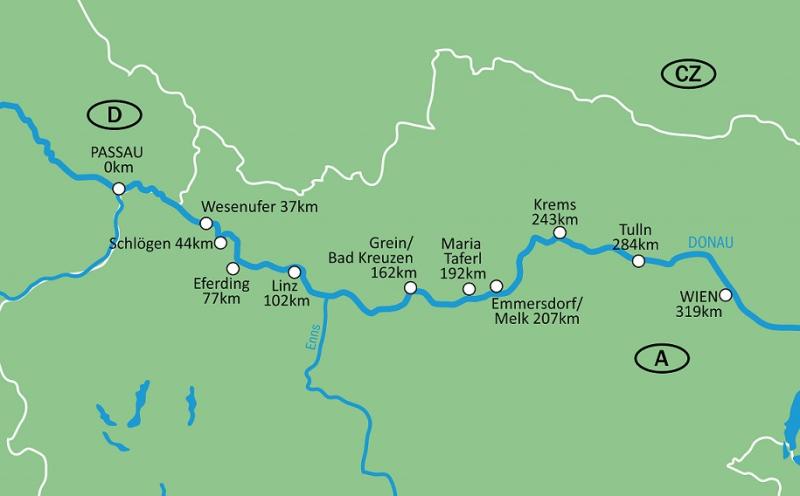 Karte Donauradweg Passau - Wien  /  la Carte - Kategorie A