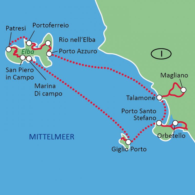 Karte Toskana mit Rad + Schiff