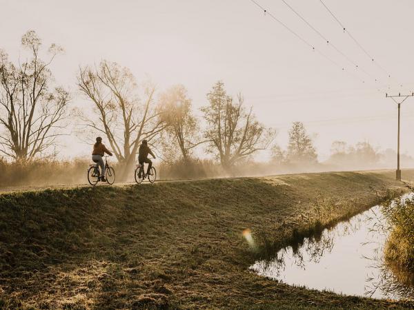 Radfahrer am Damm im Spreewald