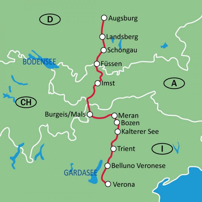 Karte Via Claudia Augusta Augsburg bis Meran/Bozen/Verona