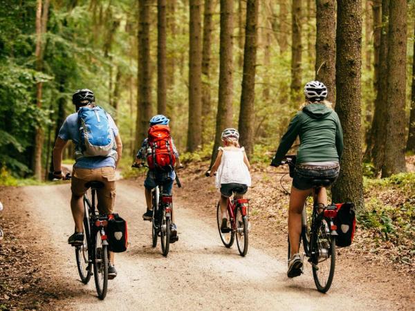 Familie radelt durch einen Wald