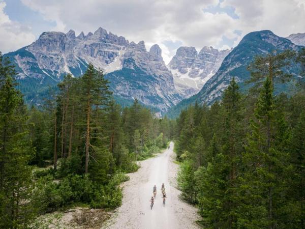 Cyclists on the Dolomites cyclepath