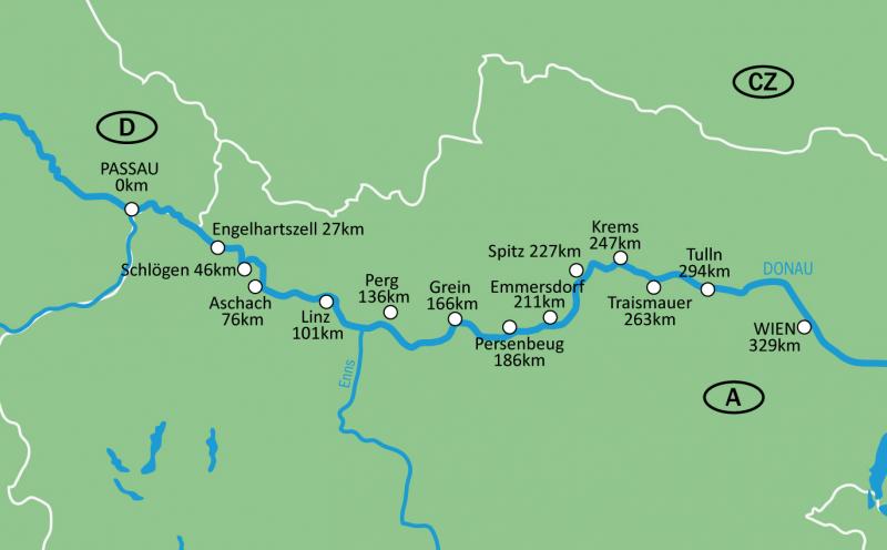 Karte Donauradweg Passau - Wien  /  la Carte - Kategorie B