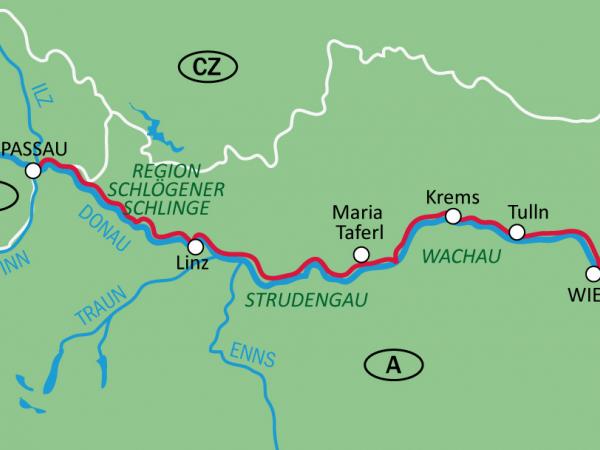 Karte Donauradweg Passau-Wien - Schmankerltour