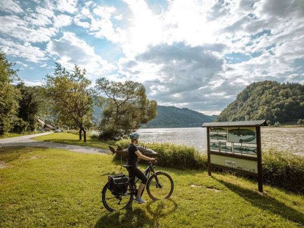 Radfahrer auf Radweg in der Donauschlinge vor Schild mit Fischarten-Vorkommen
