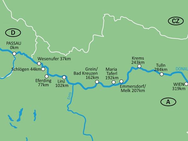 Karte Donauradweg Passau - Wien  /  la Carte - Kategorie A