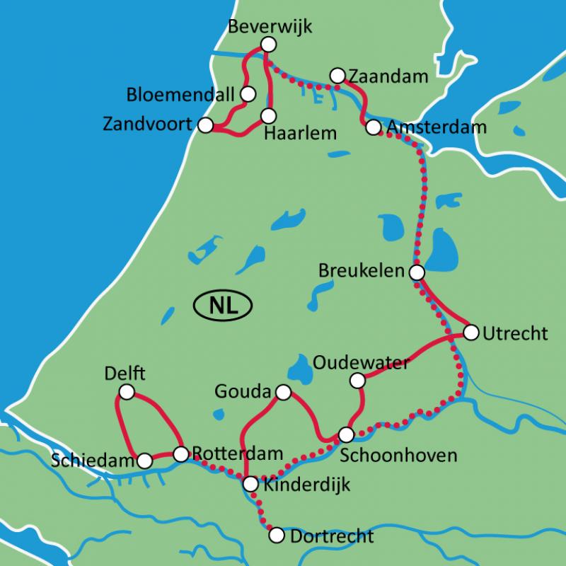 Karte Holland-Sdroute mit Rad + Schiff