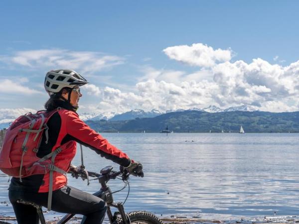 Radfahrerin am Bodenseeufer blickt auf den See