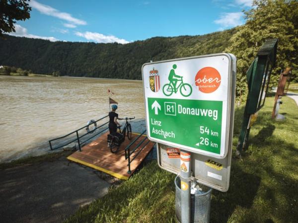 Danube cyclist waiting for the ferry