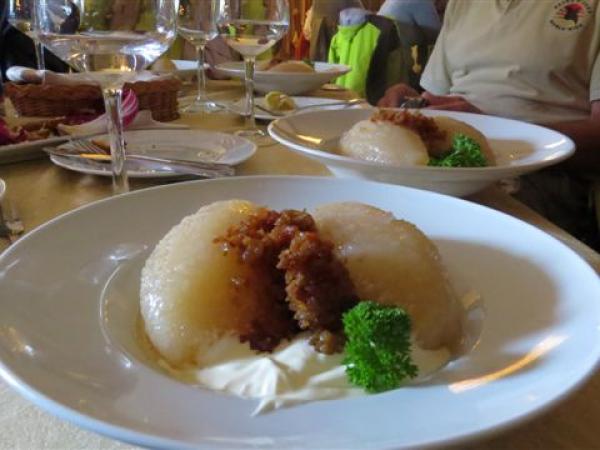 Cepelinai, a potato-based dumpling dish cracteristic of Lithuanian cuisine