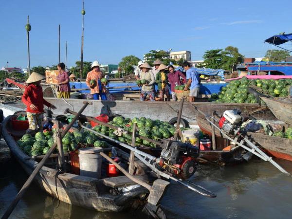 Schwimmender Markt mit Booten mit Frchten waehrend Radreise durch Vietnam