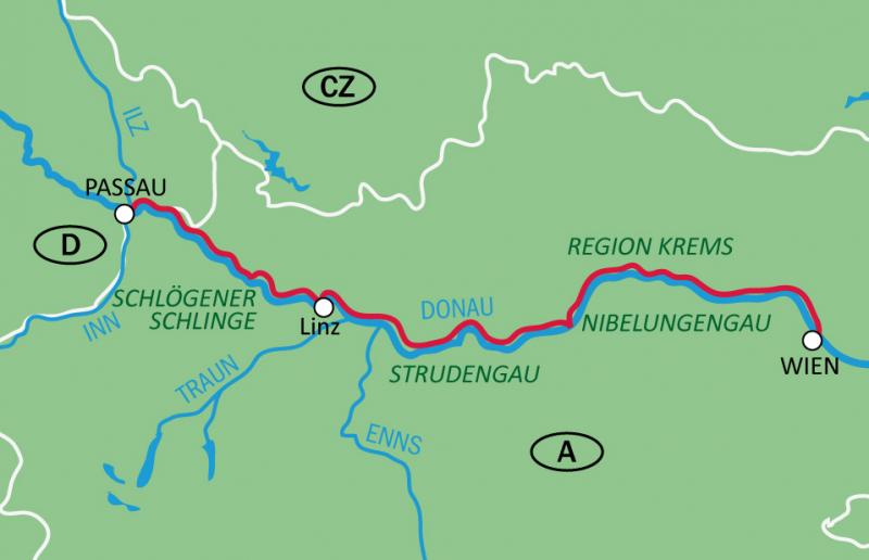 Karte Donauradweg Passau-Wien - Schmankerltour