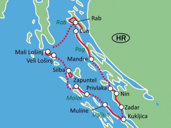Karte - Die Insel des Zadar Archipels mit Rad + Schiff