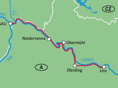 Karte Donauradweg Familientour / Passau - Linz